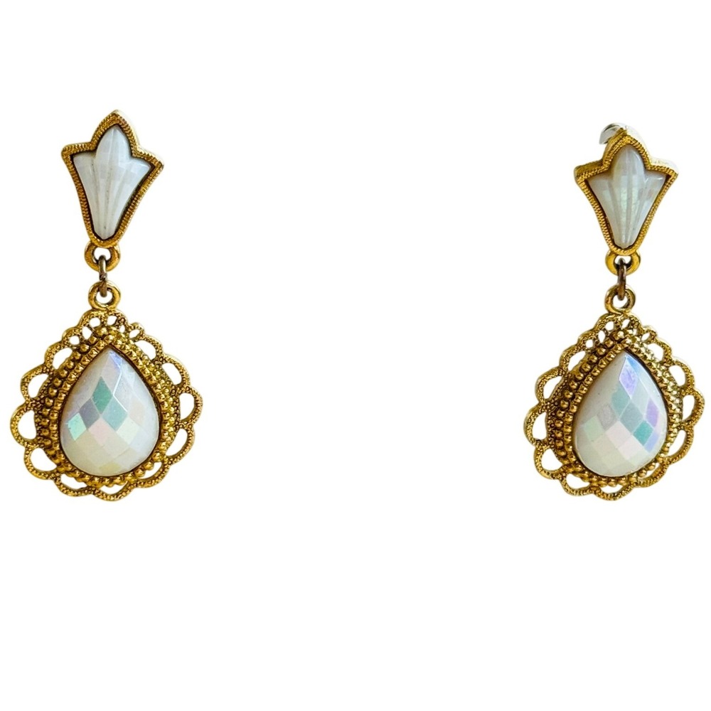 VTG 1928 Co Dangle Earrings Pierced Aurora Borealis‎ Jeweled Victorian regency